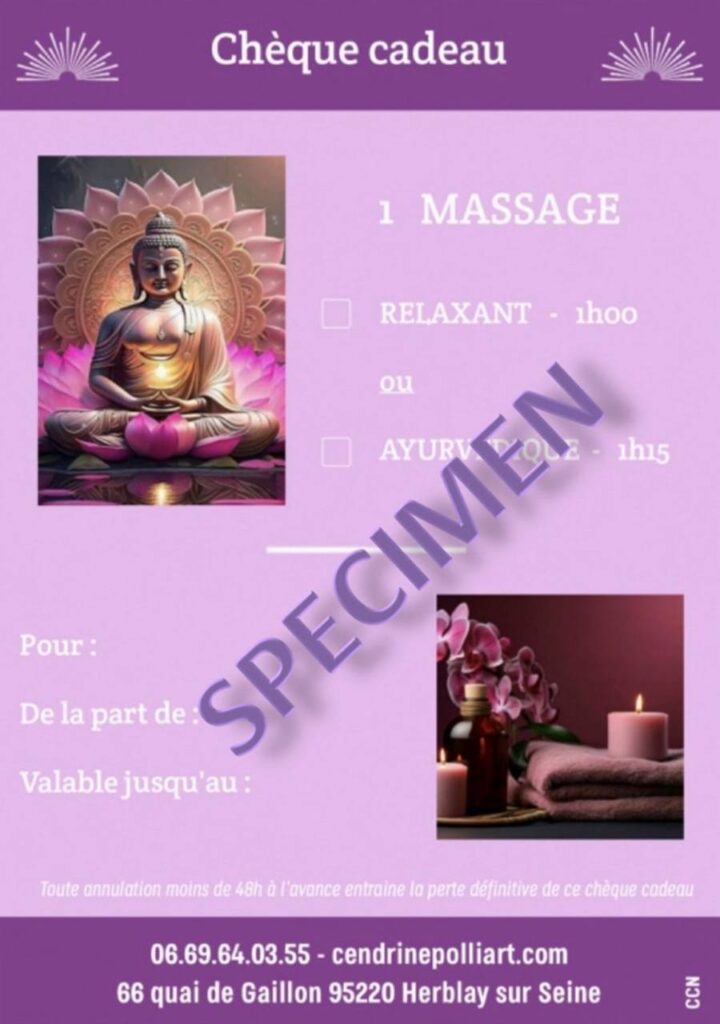 chèque cadeau pour un massage relaxant et massage ayurvédique abhyanga à Herblay-sur-Seine dans le Val d’Oise 95